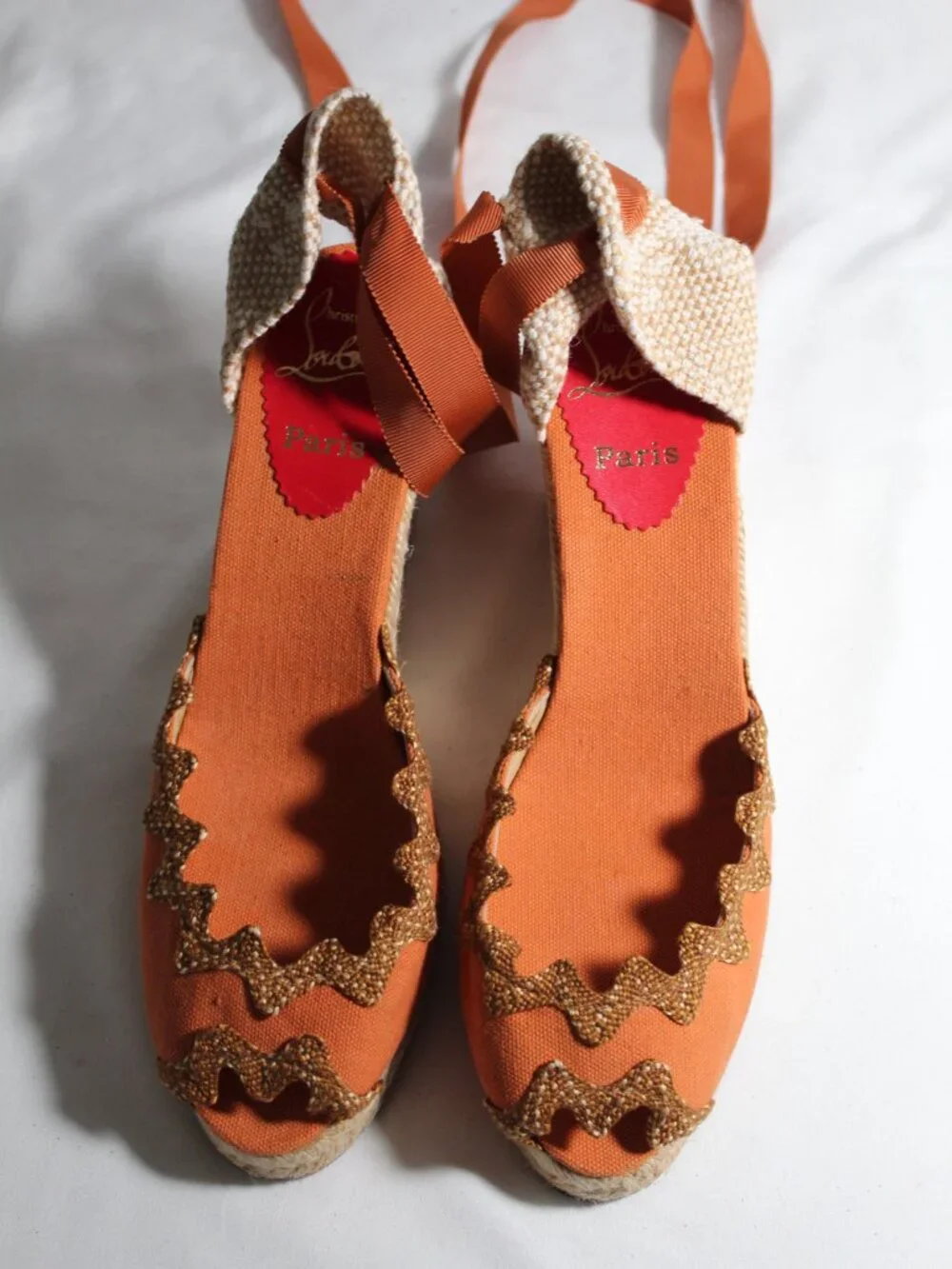 Christian Louboutin Orange Brigitte Espadrille Wedges Sandals Scalloped Trim 40